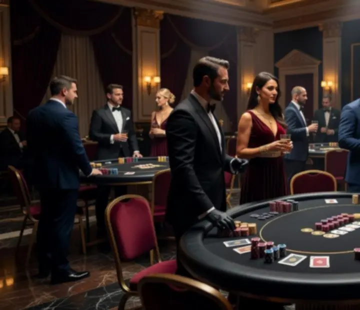 Cinematiczny wieczór przy stylowych stołach pokerowych z eleganckimi gośćmi i nastrojowym światłem