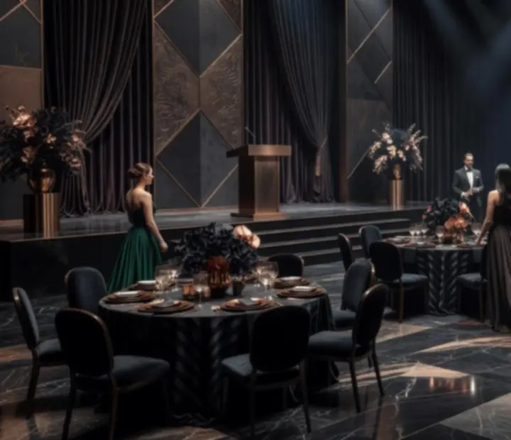 Ciemna, teatralna scena przygotowana na ekskluzywne wydarzenie z dopracowaną scenografią i światłem