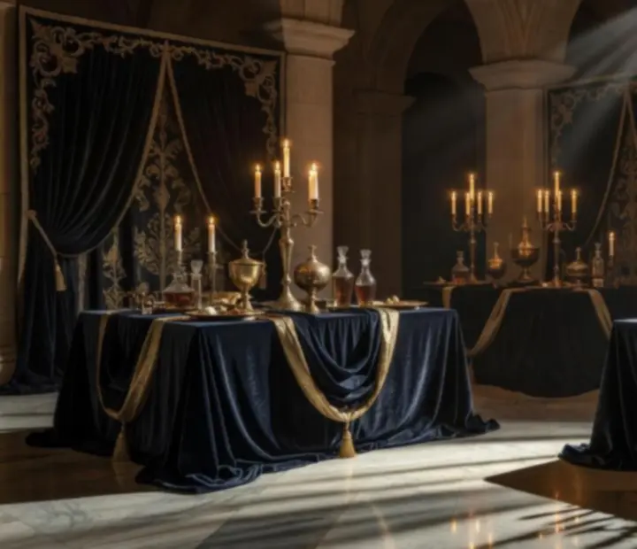 Architektoniczna scenografia eventu z dramatycznym światłem i luksusowymi detalami