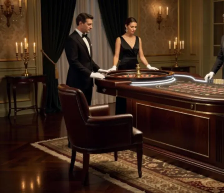 Luksusowe mobilne stoły pokerowe, ruletkowe i blackjackowe w ciemnej, eleganckiej oprawie