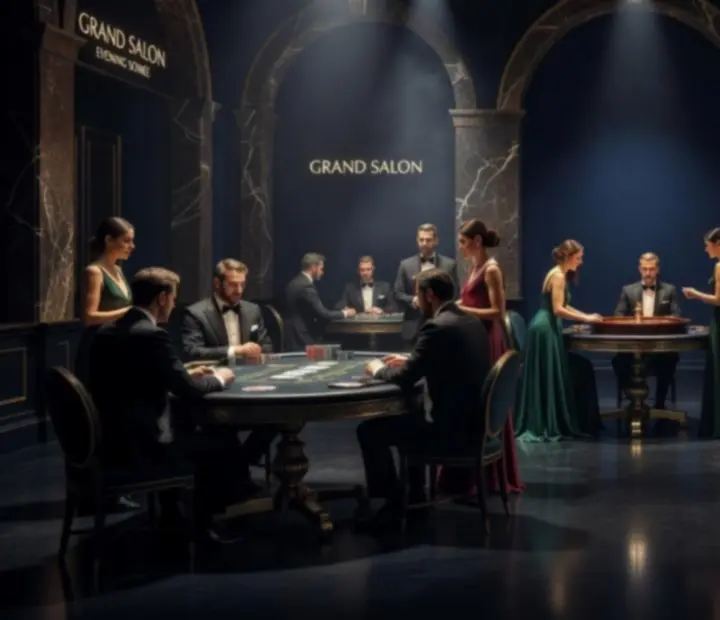 Ciemna, kinowa scena ekskluzywnego eventu z eleganckimi gośćmi i dramatycznym oświetleniem